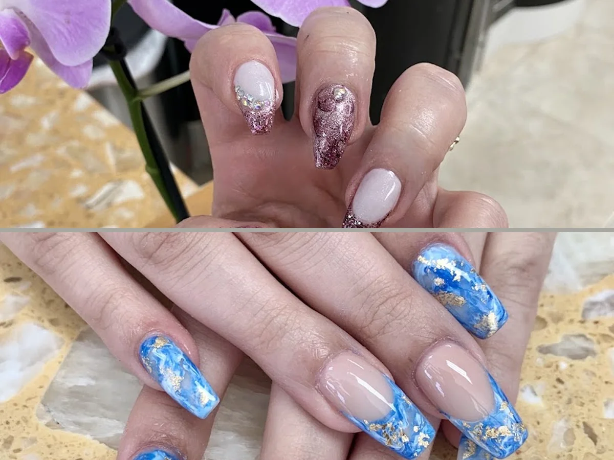 Close-up of a fresh gel manicure on hands